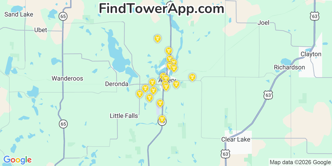 Map showing the 20 primary cell tower locations detected in Amery, Wisconsin from AT&T, Verizon, and T-Mobile networks