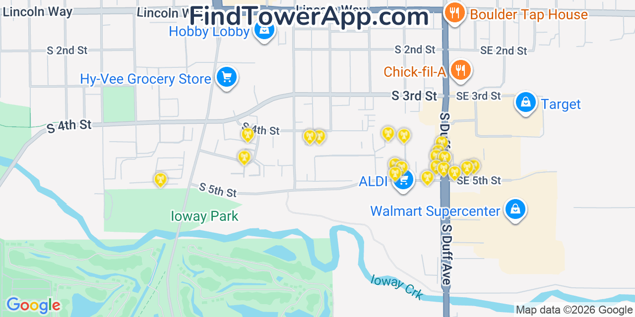 Map showing the 20 primary cell tower locations detected in Ames, Iowa from AT&T, Verizon, and T-Mobile networks