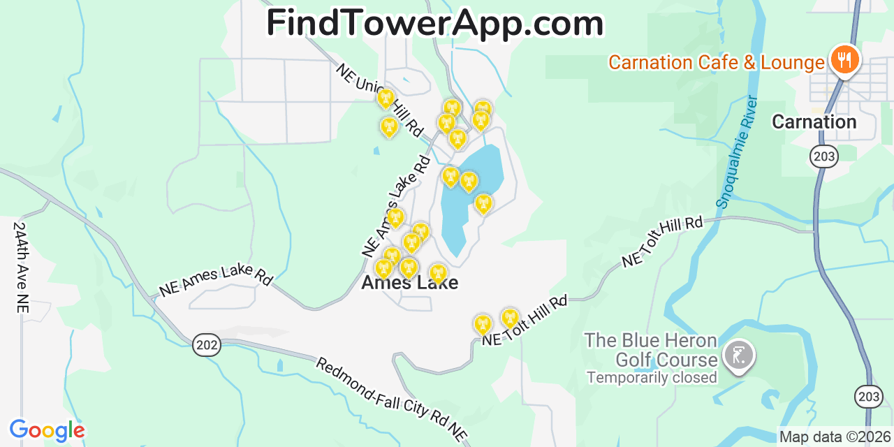 Map showing the 20 primary cell tower locations detected in Ames Lake, Washington from AT&T, Verizon, and T-Mobile networks