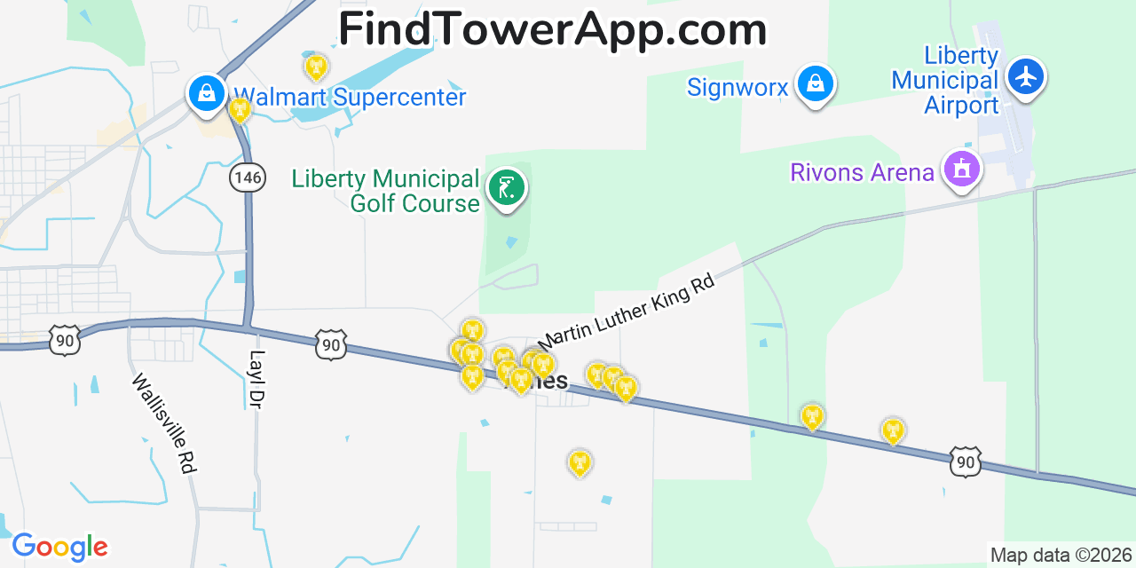 Map showing the 20 primary cell tower locations detected in Ames, Texas from AT&T, Verizon, and T-Mobile networks