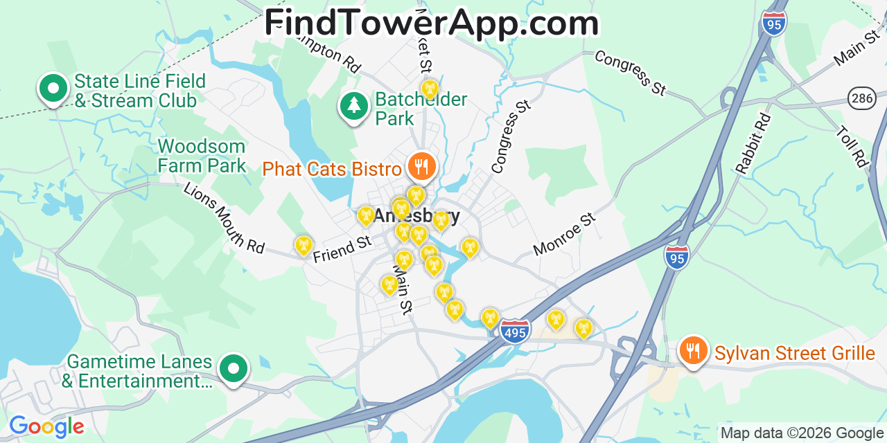 Map showing the 20 primary cell tower locations detected in Amesbury, Massachusetts from AT&T, Verizon, and T-Mobile networks