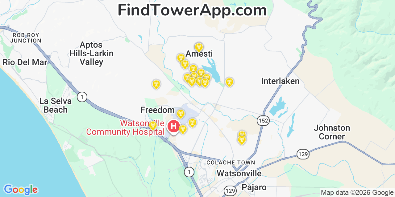 Map showing the 20 primary cell tower locations detected in Amesti, California from AT&T, Verizon, and T-Mobile networks