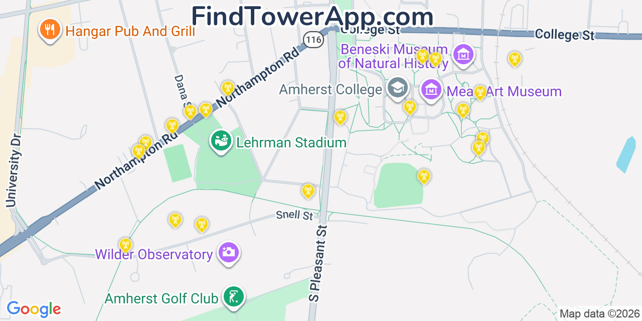 Map showing the 20 primary cell tower locations detected in Amherst Center, Massachusetts from AT&T, Verizon, and T-Mobile networks