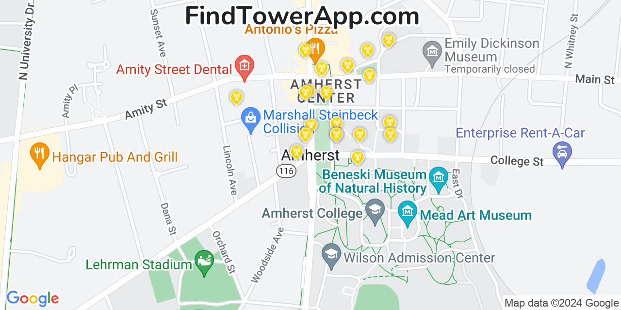 AT&T 4G/5G cell tower coverage map Amherst, Massachusetts