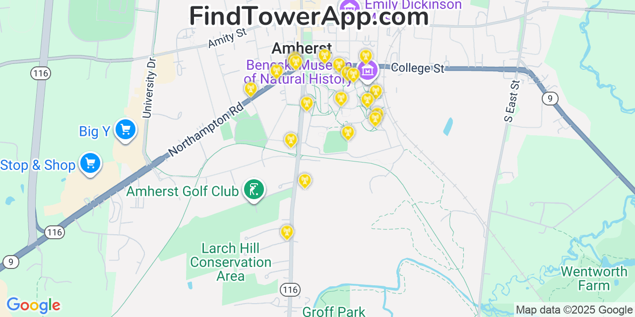 Map showing the 20 primary cell tower locations detected in Amherst, Massachusetts from AT&T, Verizon, and T-Mobile networks