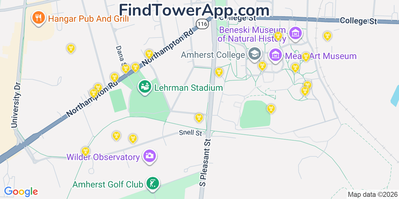 Map showing the 20 primary cell tower locations detected in Amherst, Massachusetts from AT&T, Verizon, and T-Mobile networks