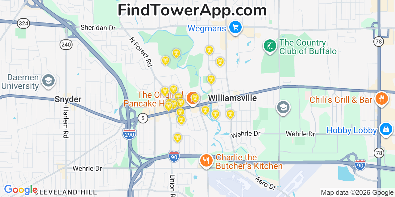 Map showing the 20 primary cell tower locations detected in Amherst, New York from AT&T, Verizon, and T-Mobile networks