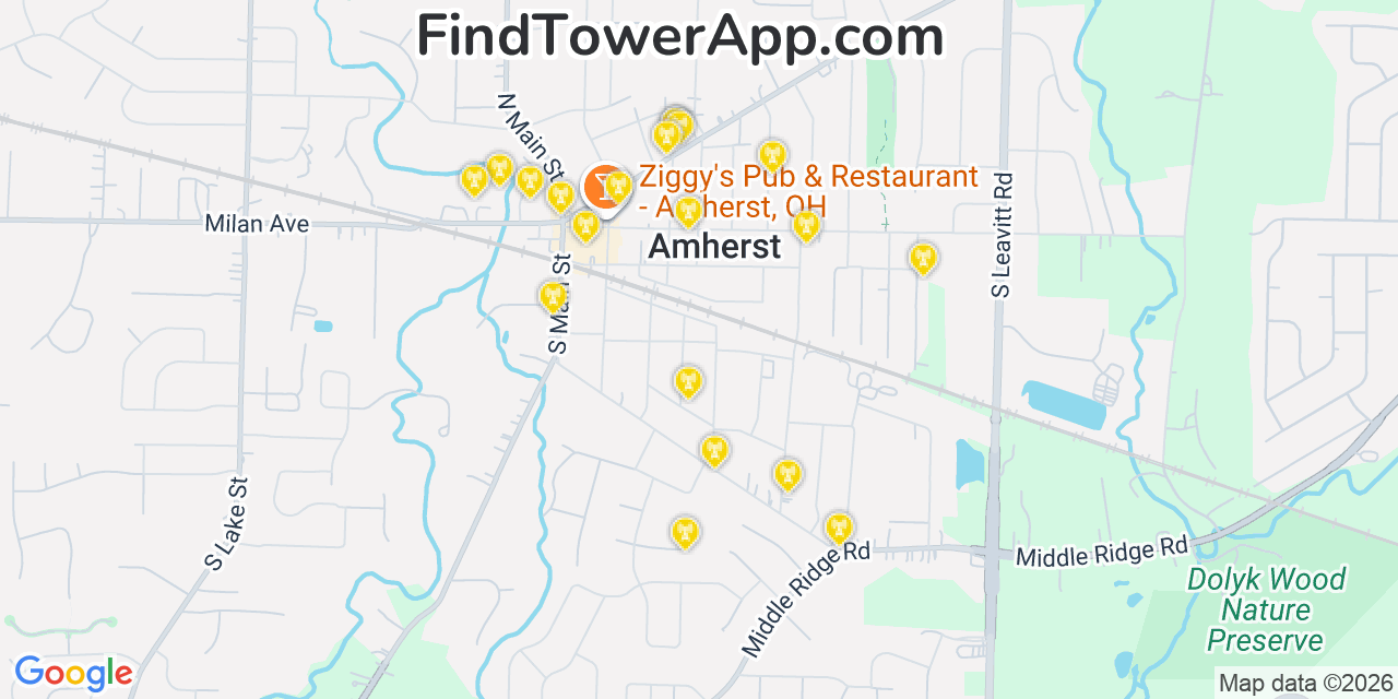 Map showing the 20 primary cell tower locations detected in Amherst, Ohio from AT&T, Verizon, and T-Mobile networks