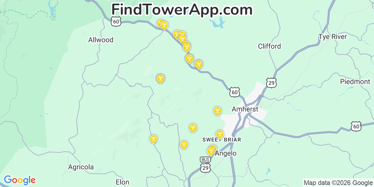 Map showing the 20 primary cell tower locations detected in Amherst, Virginia from AT&T, Verizon, and T-Mobile networks