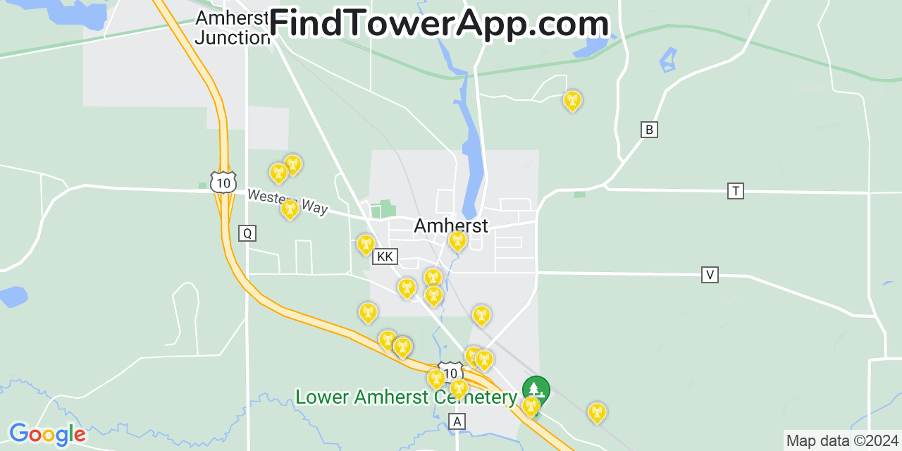 AT&T 4G/5G cell tower coverage map Amherst, Wisconsin