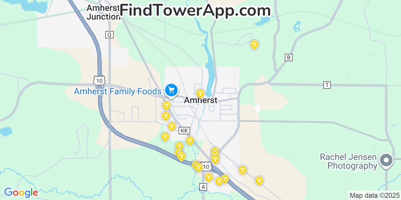 Map showing the 20 primary cell tower locations detected in Amherst, Wisconsin from AT&T, Verizon, and T-Mobile networks