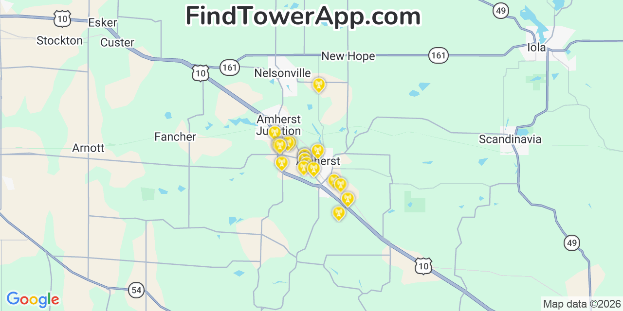 Map showing the 20 primary cell tower locations detected in Amherst, Wisconsin from AT&T, Verizon, and T-Mobile networks