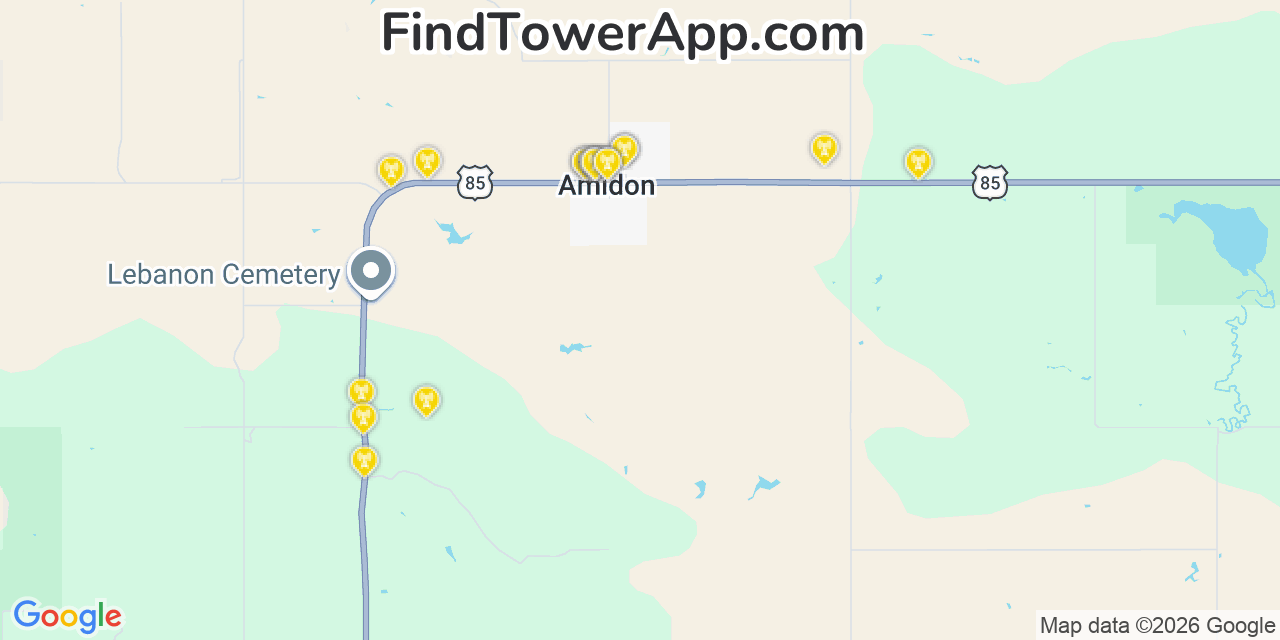 Map showing the 20 primary cell tower locations detected in Amidon, North Dakota from AT&T, Verizon, and T-Mobile networks