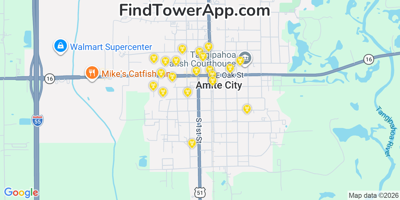 Map showing the 20 primary cell tower locations detected in Amite, Louisiana from AT&T, Verizon, and T-Mobile networks