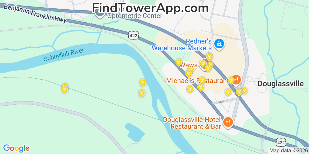 Map showing the 20 primary cell tower locations detected in Amity Gardens, Pennsylvania from AT&T, Verizon, and T-Mobile networks