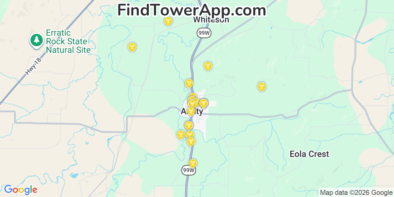 Map showing the 20 primary cell tower locations detected in Amity, Oregon from AT&T, Verizon, and T-Mobile networks