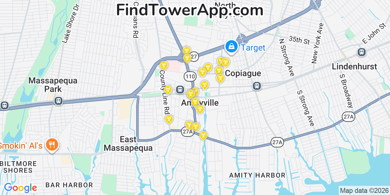 Map showing the 20 primary cell tower locations detected in Amityville, New York from AT&T, Verizon, and T-Mobile networks