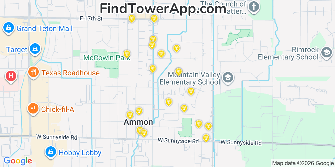 Map showing the 20 primary cell tower locations detected in Ammon, Idaho from AT&T, Verizon, and T-Mobile networks