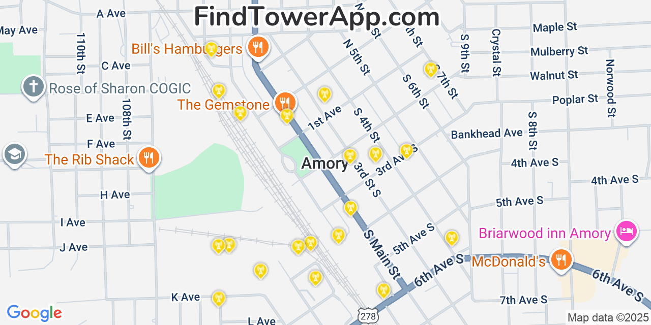 Map showing the 20 primary cell tower locations detected in Amory, Mississippi from AT&T, Verizon, and T-Mobile networks