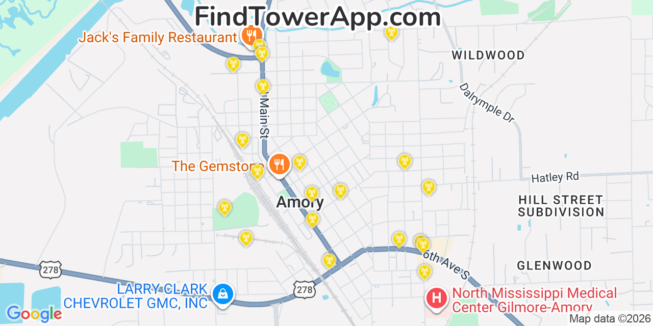 Map showing the 20 primary cell tower locations detected in Amory, Mississippi from AT&T, Verizon, and T-Mobile networks