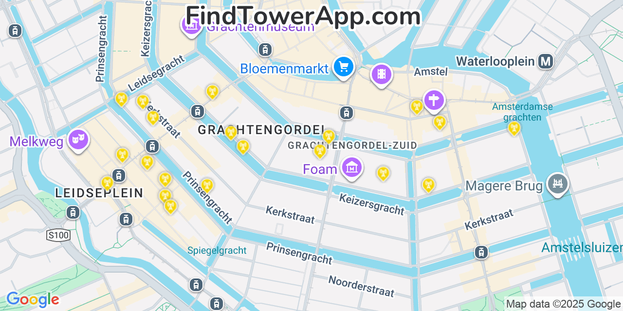Map showing the 20 primary cell tower locations detected in Amsterdam, Netherlands with coverage areas and signal strength