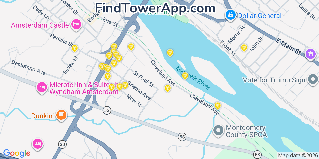Map showing the 20 primary cell tower locations detected in Amsterdam, New York from AT&T, Verizon, and T-Mobile networks
