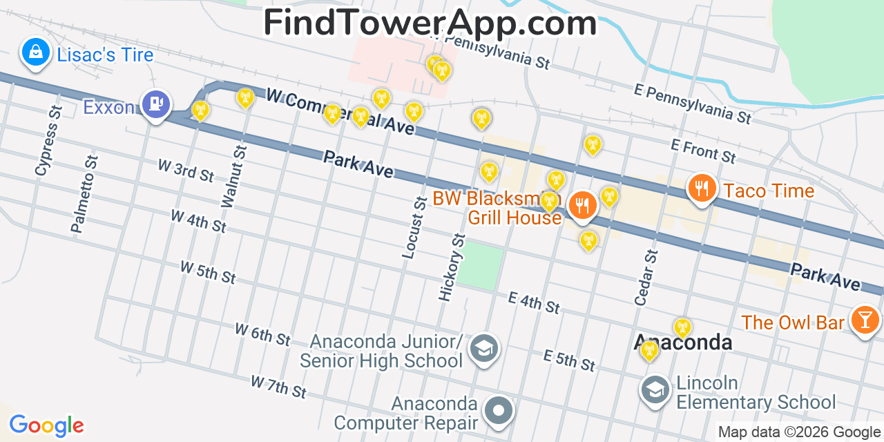Map showing the 20 primary cell tower locations detected in Anaconda, Montana from AT&T, Verizon, and T-Mobile networks