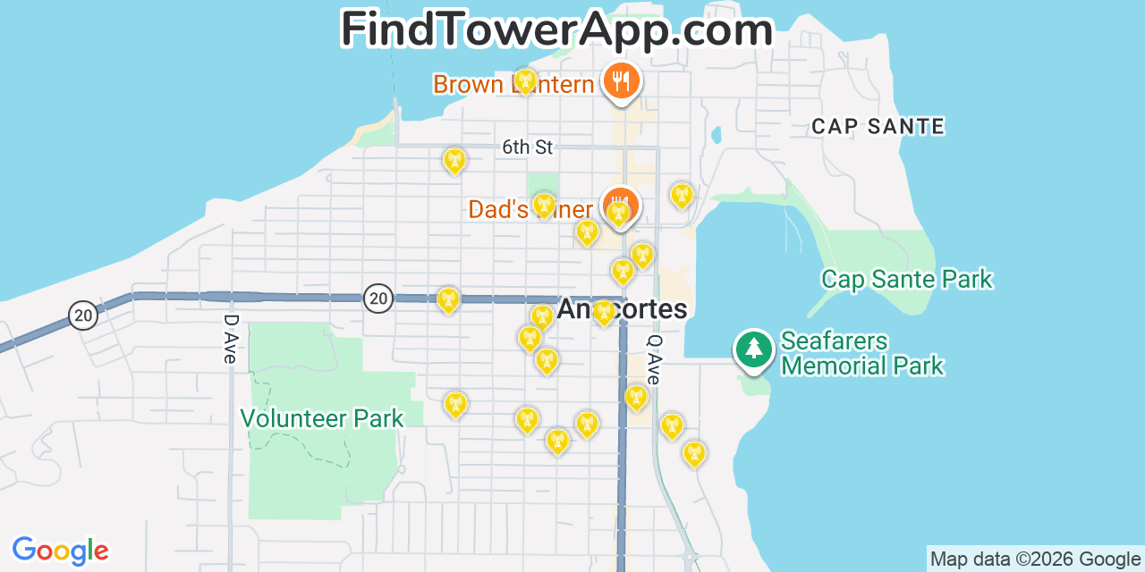 Map showing the 20 primary cell tower locations detected in Anacortes, Washington from AT&T, Verizon, and T-Mobile networks