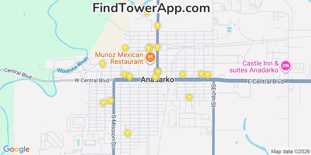 Map showing the 20 primary cell tower locations detected in Anadarko, Oklahoma from AT&T, Verizon, and T-Mobile networks