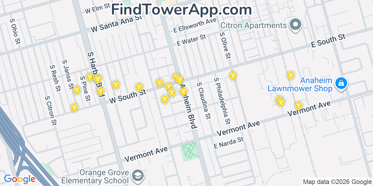 Map showing the 20 primary cell tower locations detected in Anaheim, California from AT&T, Verizon, and T-Mobile networks