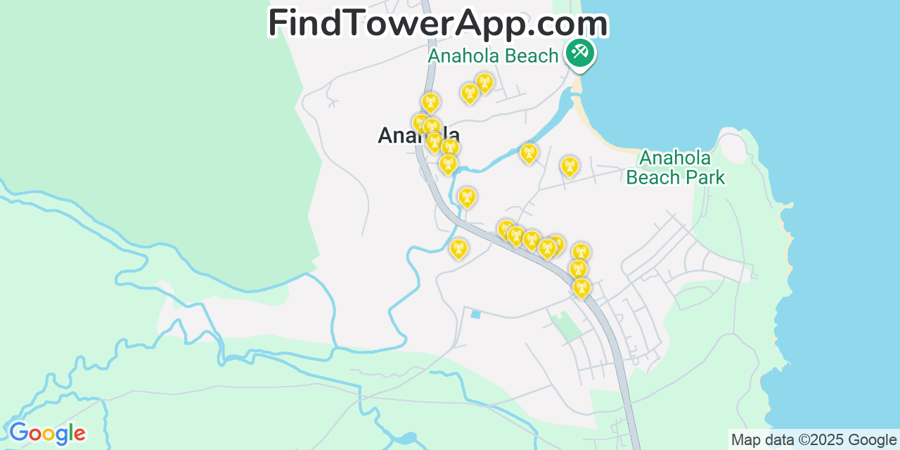 Map showing the 20 primary cell tower locations detected in Anahola, Hawaii from AT&T, Verizon, and T-Mobile networks