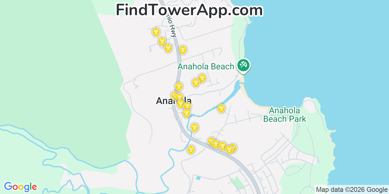 Map showing the 20 primary cell tower locations detected in Anahola, Hawaii from AT&T, Verizon, and T-Mobile networks