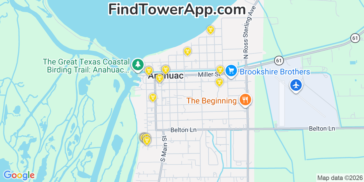 Map showing the 20 primary cell tower locations detected in Anahuac, Texas from AT&T, Verizon, and T-Mobile networks