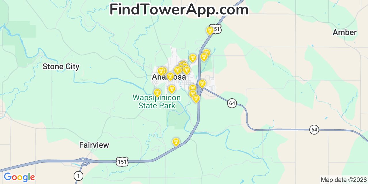 Map showing the 20 primary cell tower locations detected in Anamosa, Iowa from AT&T, Verizon, and T-Mobile networks