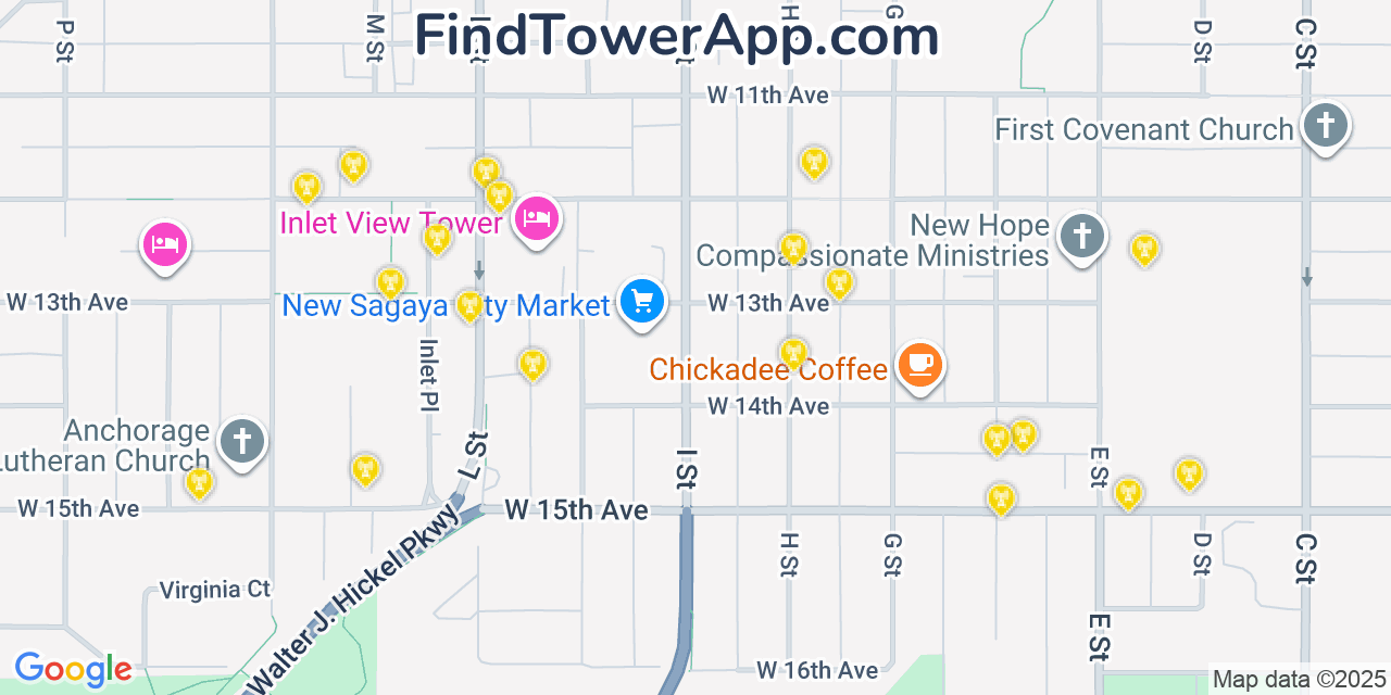 Map showing the 20 primary cell tower locations detected in Anchorage, Alaska from AT&T, Verizon, and T-Mobile networks