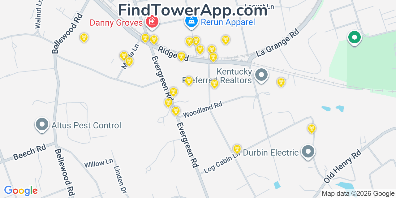 Map showing the 20 primary cell tower locations detected in Anchorage, Kentucky from AT&T, Verizon, and T-Mobile networks