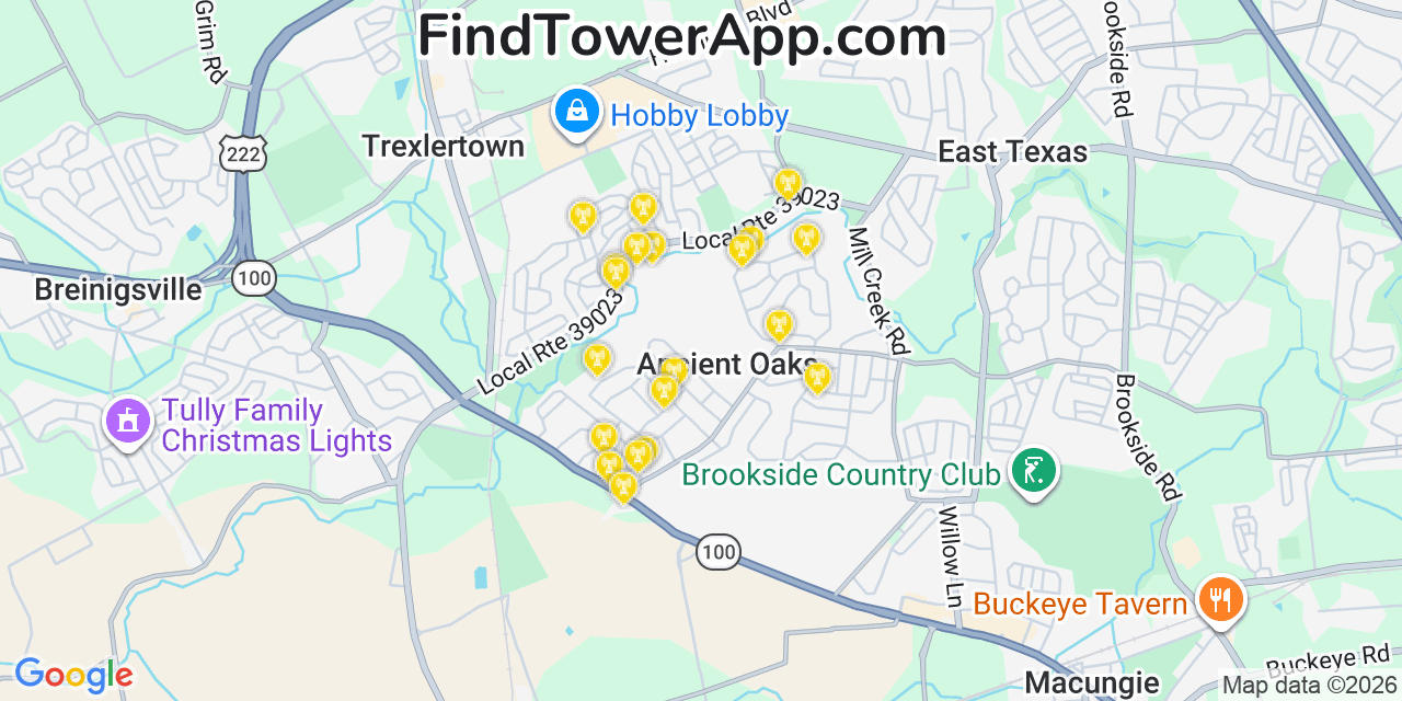 Map showing the 20 primary cell tower locations detected in Ancient Oaks, Pennsylvania from AT&T, Verizon, and T-Mobile networks