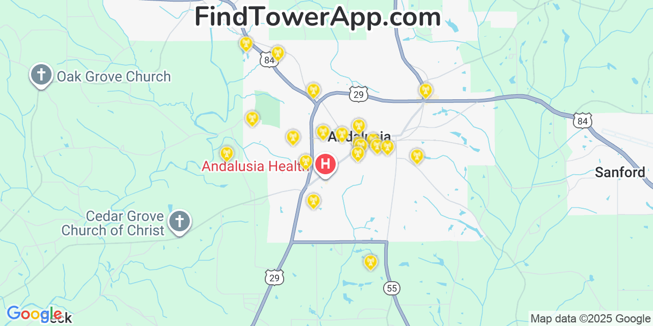 Map showing the 20 primary cell tower locations detected in Andalusia, Alabama from AT&T, Verizon, and T-Mobile networks