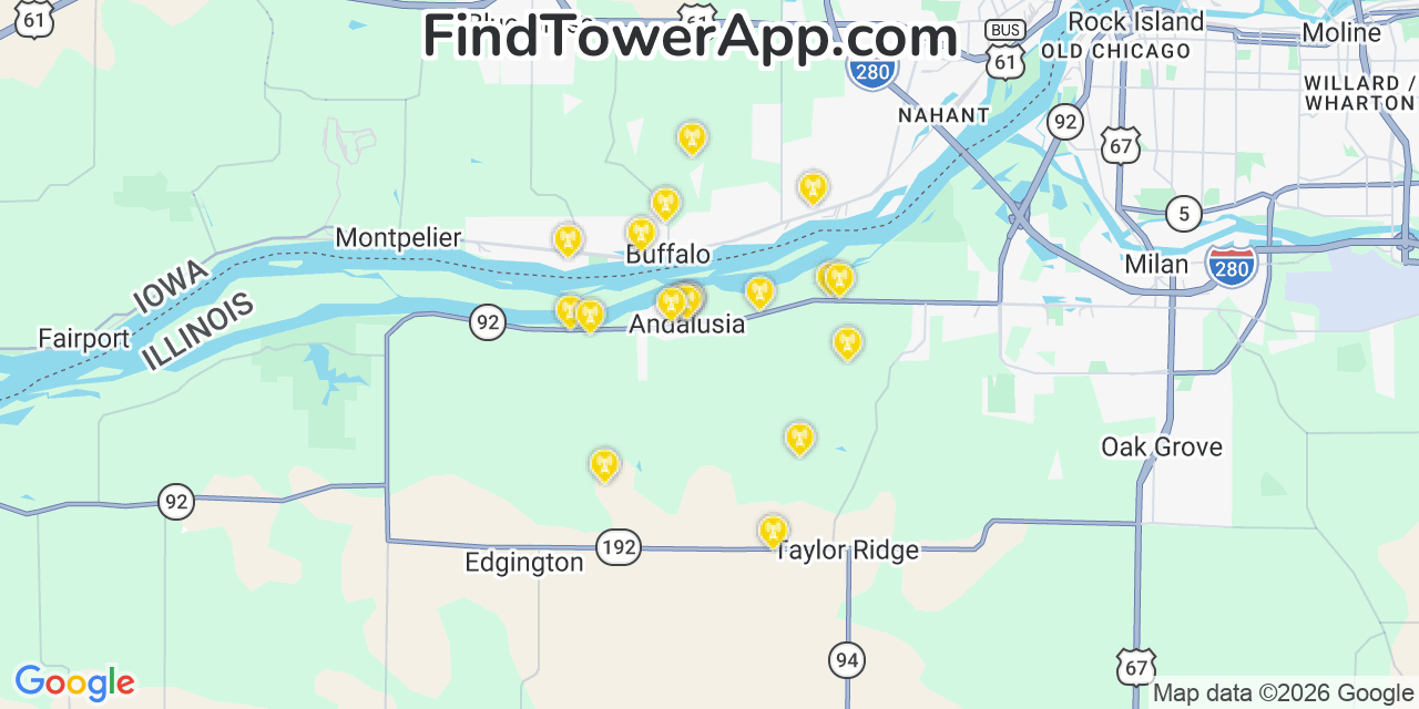 Map showing the 20 primary cell tower locations detected in Andalusia, Illinois from AT&T, Verizon, and T-Mobile networks