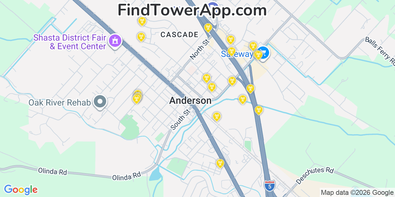 Map showing the 20 primary cell tower locations detected in Anderson, California from AT&T, Verizon, and T-Mobile networks