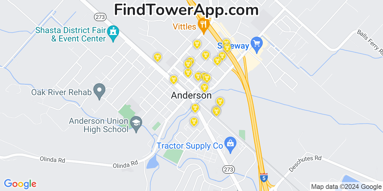 Verizon 4G/5G cell tower coverage map Anderson, California