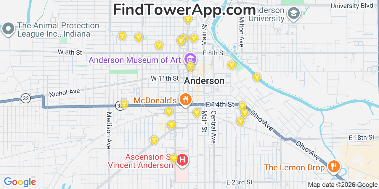 Map showing the 20 primary cell tower locations detected in Anderson, Indiana from AT&T, Verizon, and T-Mobile networks