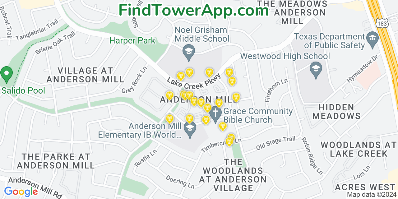 AT&T 4G/5G cell tower coverage map Anderson Mill, Texas