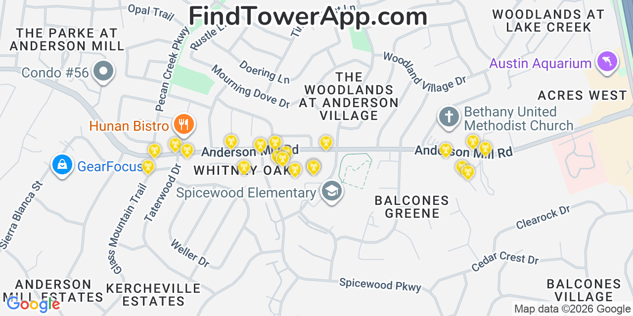 Map showing the 20 primary cell tower locations detected in Anderson Mill, Texas from AT&T, Verizon, and T-Mobile networks