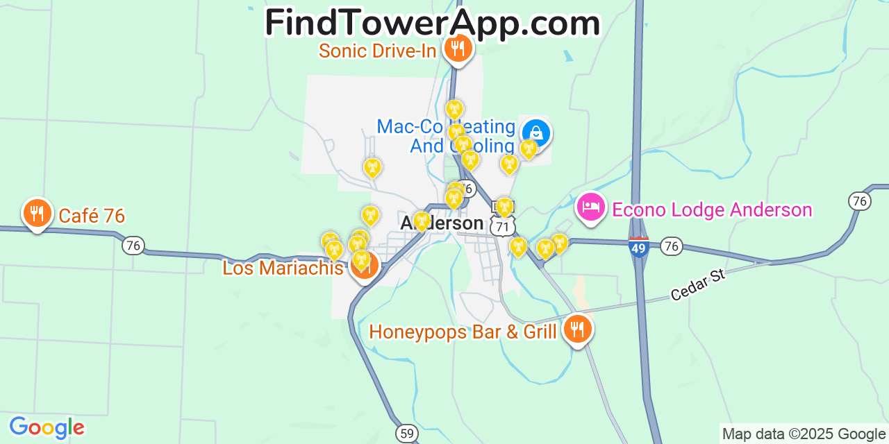 Map showing the 20 primary cell tower locations detected in Anderson, Missouri from AT&T, Verizon, and T-Mobile networks