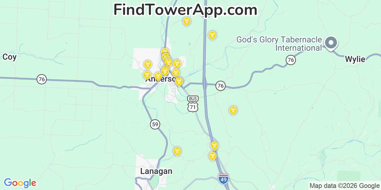Map showing the 20 primary cell tower locations detected in Anderson, Missouri from AT&T, Verizon, and T-Mobile networks