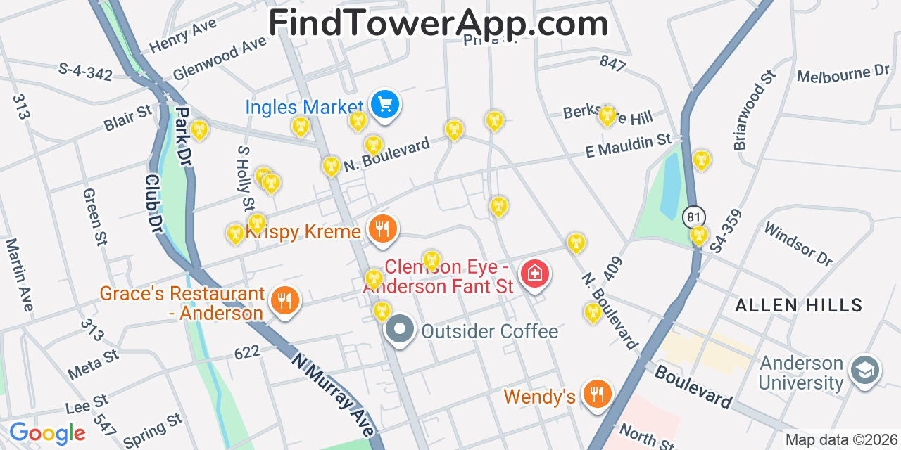 Map showing the 20 primary cell tower locations detected in Anderson, South Carolina from AT&T, Verizon, and T-Mobile networks