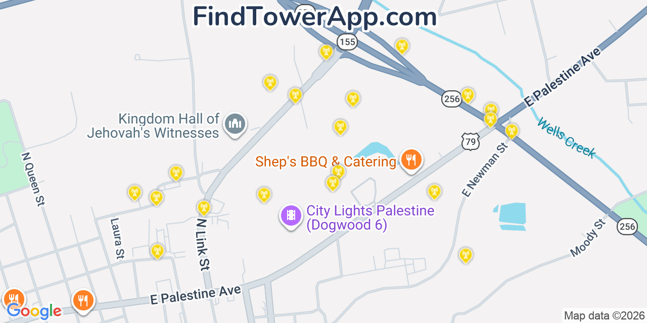 Map showing the 20 primary cell tower locations detected in Anderson, Texas from AT&T, Verizon, and T-Mobile networks