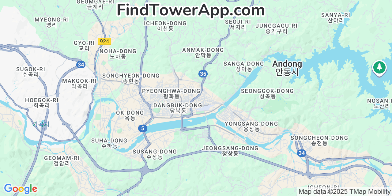 Map showing the 0 primary KT cell tower locations detected in Andong, South Korea with coverage radius and signal strength indicators