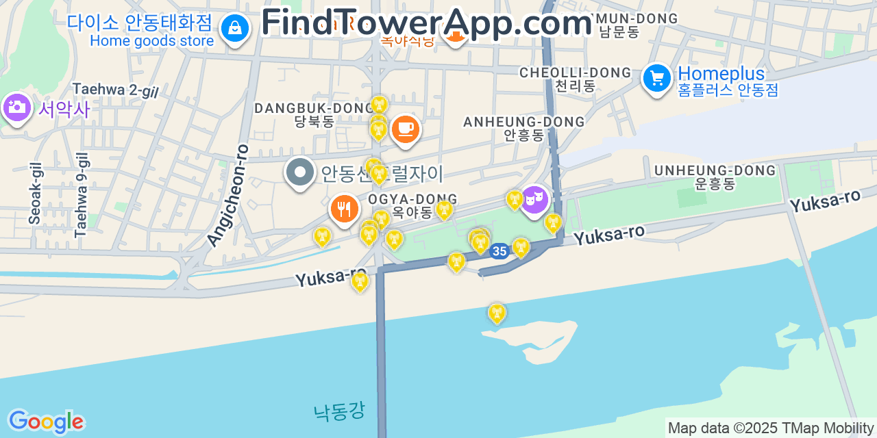 Map showing the 20 primary cell tower locations detected in Andong, South Korea with coverage areas and signal strength
